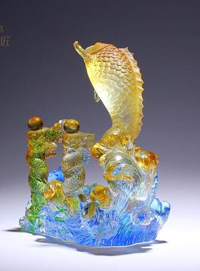 古法琉璃锦鲤鱼跃跳龙门摆件客厅办公室纯手工水晶装饰工艺礼品摆