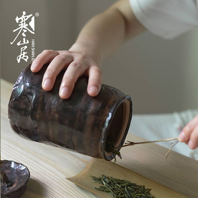 寒山居志野釉茶叶罐手作粗陶存茶罐日式复古茶入陶瓷储物罐密封罐-图3