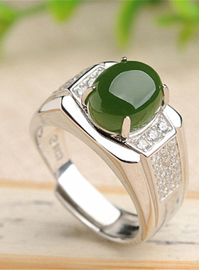 钻石之乡河南商丘古朴雅致和田碧玉男女开口戒指银镶玉镀白a0096