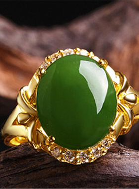 钻石之乡河南商丘金嘉华民族风镀镶和田碧玉戒指金镶玉绿玉a2431