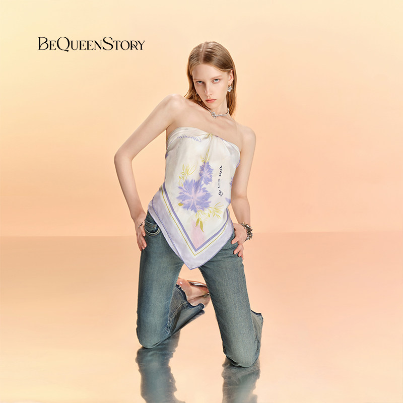 【明星同款】BeQueenStory25新款白花卉真丝印花系脖抹胸丝巾上衣,淘宝优惠券,粉丝福利购,淘宝优惠卷