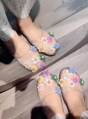 【童年回忆】透明水晶拖鞋女外穿高级感diy鞋花平底一脚蹬凉鞋