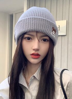大头围毛线帽女秋冬季韩版针织帽加厚保暖月子帽百搭可爱护耳帽子