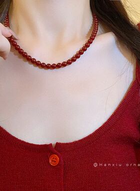 串珠项链轻奢小众红安可拉圆形