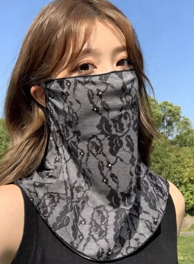 夏薄款防晒面罩遮脸挂耳面罩纱巾防晒防阳光围脖护颈碎花印花发带