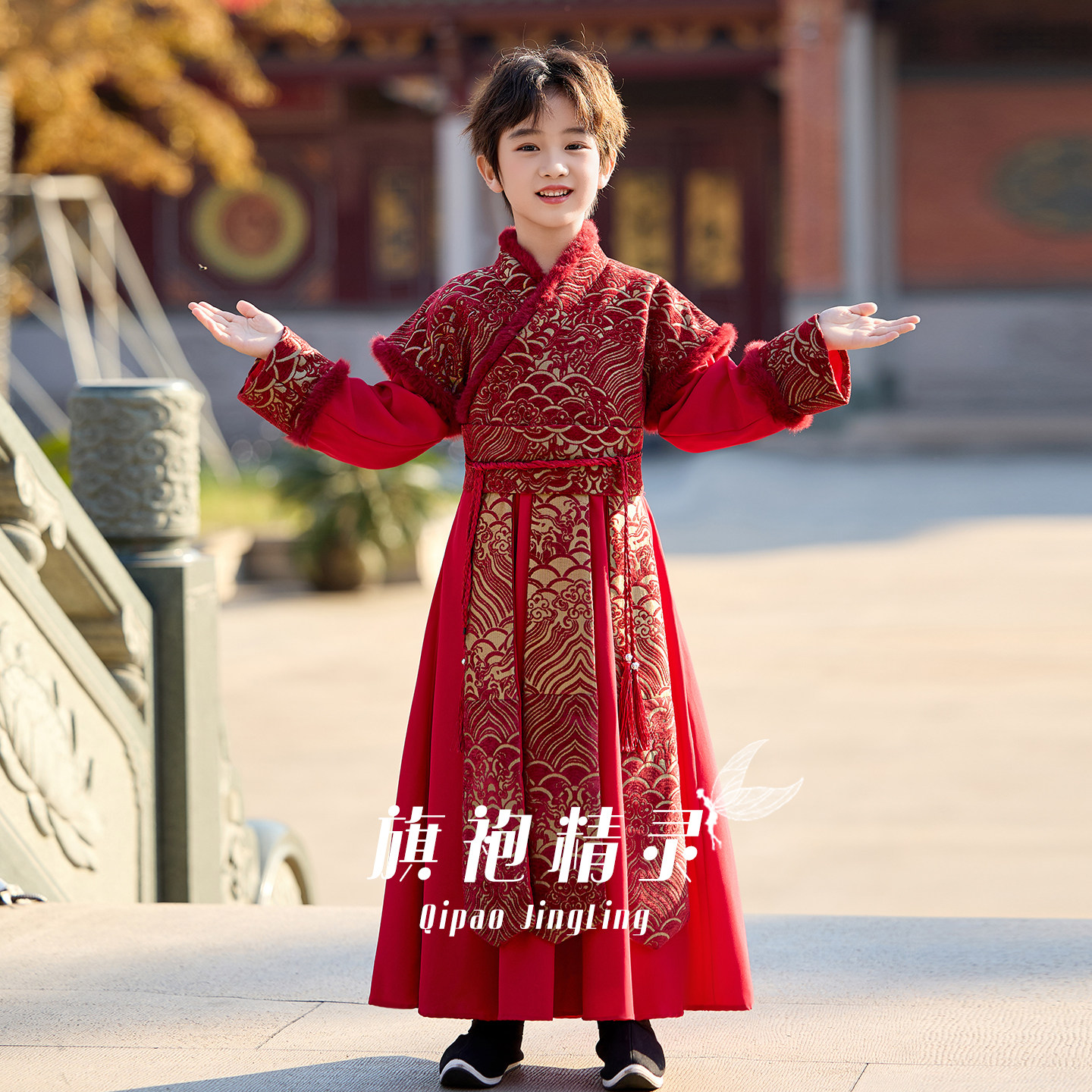 男童汉服冬装加厚红色儿童拜年服国风国学服帅气男孩古装演出服冬,淘宝优惠券,粉丝福利购,淘宝优惠卷