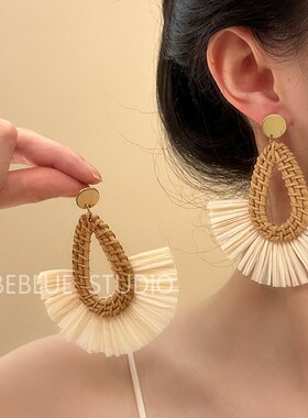 滨海夏日~度假民族风夸张藤编扇形耳环女小众海边氛围感耳钉耳饰