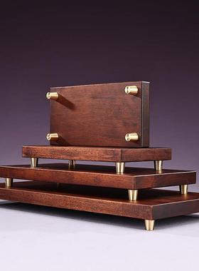 铜欣祥 仿胡桃木色搭配底座新中式摆件长方形实木质带铜底底座