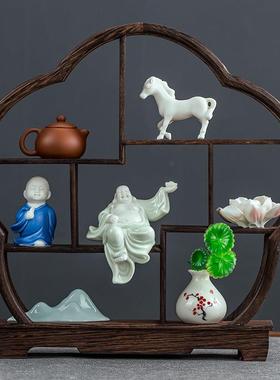 新中式博古架摆件实木小型茶桌客厅玄关办公室电视柜书房家居装饰