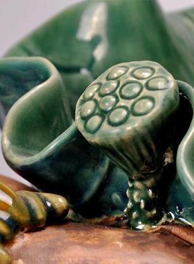 石湾公仔陶瓷荷花莲藕荷叶手工家居摆件饰品喜结莲理果盘创意礼品