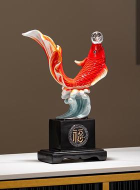 高档客厅荷花鲤鱼摆件家居玄关博古架书架年年有余招财锦鲤装饰品