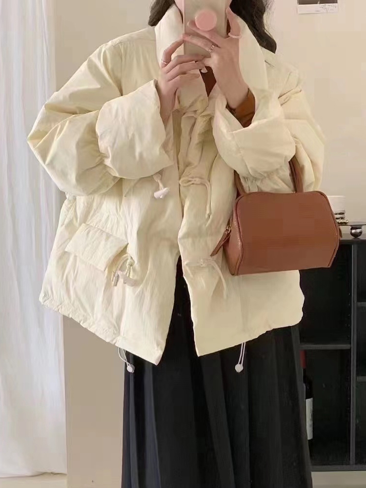 反季清仓2023年新款韩版羽绒服女短款加厚白鸭绒牛角扣面包服外套