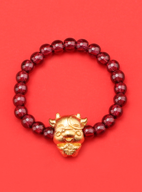 极速小福牛石榴石戒指复古转运食指环生肖K牛年本命年食指戒沙金