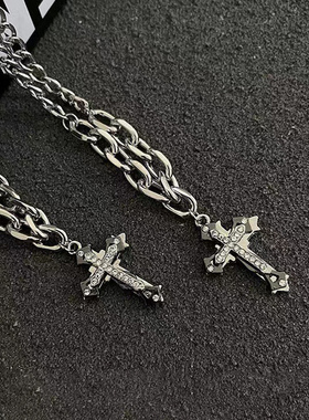 极速钛钢多d层缠绕黑耀石项链男潮牌欧美嘻哈男士配饰百搭十字架