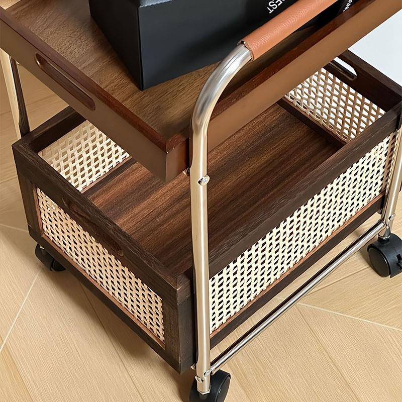 实木可移动边几茶几小桌子客厅边柜中古小推车覆古零食置物架藤编 - 图1