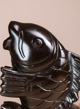 天然黑曜石黑墨玉鲤鱼跃龙门鲤鱼跳龙门摆件年年有鱼家居装饰品