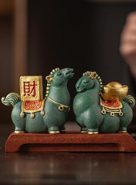国潮唐马一对招财茶宠摆件创意马上发财办公室桌面装饰品定制礼物