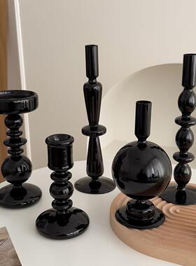 覆古黑色玻璃烛台玄关电视柜客厅装饰摆件高级感小众轻奢家居饰品