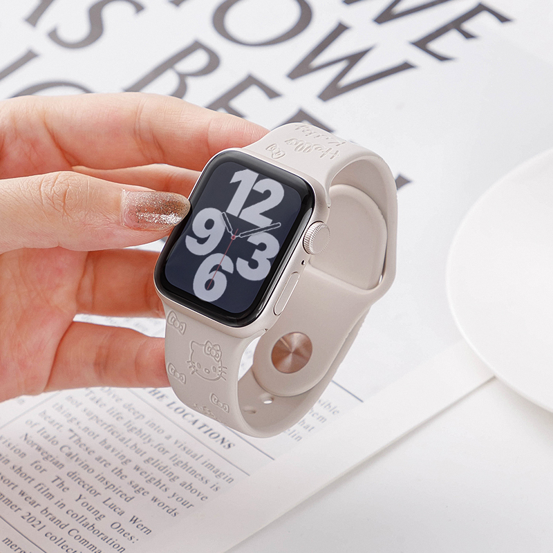 适用iwatch9/8/7/6代新款苹果s9表带applewatch8硅胶s7星光色Ultra2运动se男女款KT镭雕印花个性猫高级手表带 - 图0