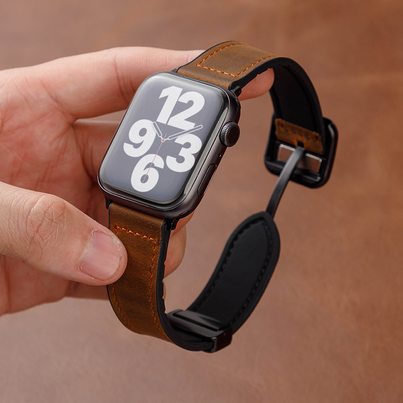 适用applewatch9表带iwatch8苹果S9手表真皮S8夏天新款疯马皮磁吸扣S7高级se男款潮创意方扣ultra2硅胶S6运动-图0