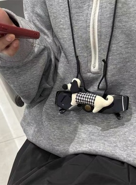 格纹发条小腊肠狗便携式墨镜挂绳防脱落防掉收纳挂脖眼镜链女可爱