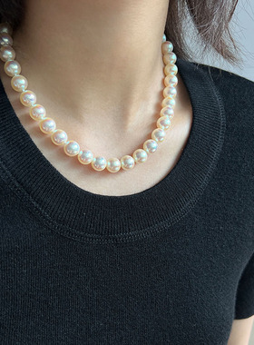 墨豆家 正圆极光人造天女级珍珠项链轻奢小众高级感炫粉串珠颈链