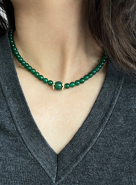墨豆家 新中式显白绿玛瑙串珠碧玉色项链轻奢小众饰品锁骨链颈链