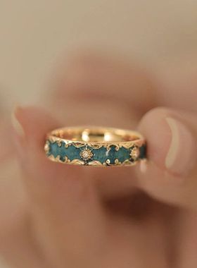 小众珐琅工艺花纹唯美设计感高级精致仙女气质只取青绿珐琅戒指