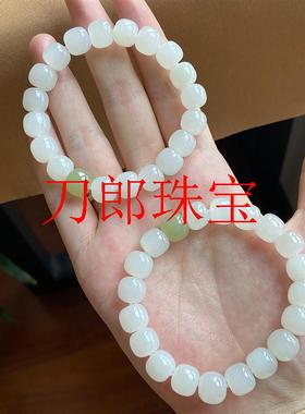 新疆和田青玉手链女款复古老型珠子搭配晴水料单圈羊脂玉桶珠手串