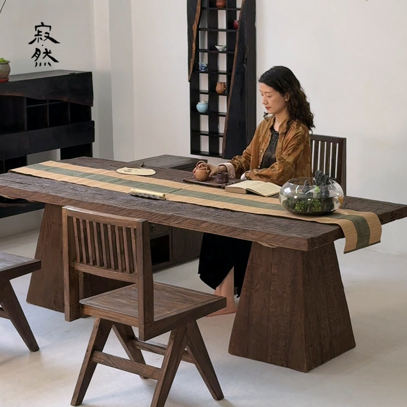 寂然实木茶桌茶台侘寂风茶室办公室茶几复古风化老木泡茶桌椅组合,淘宝优惠券,粉丝福利购,淘宝优惠卷
