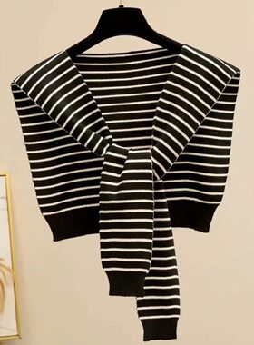 白色条纹外搭小披肩针织打结女韩版百搭装饰假领子围巾春夏秋搭肩