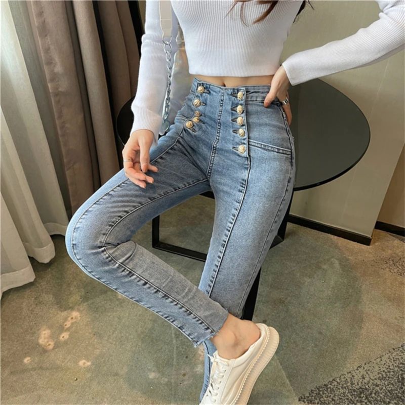 Design Double Breasted Skinny Jeans Women Vintage High Waist - 图3