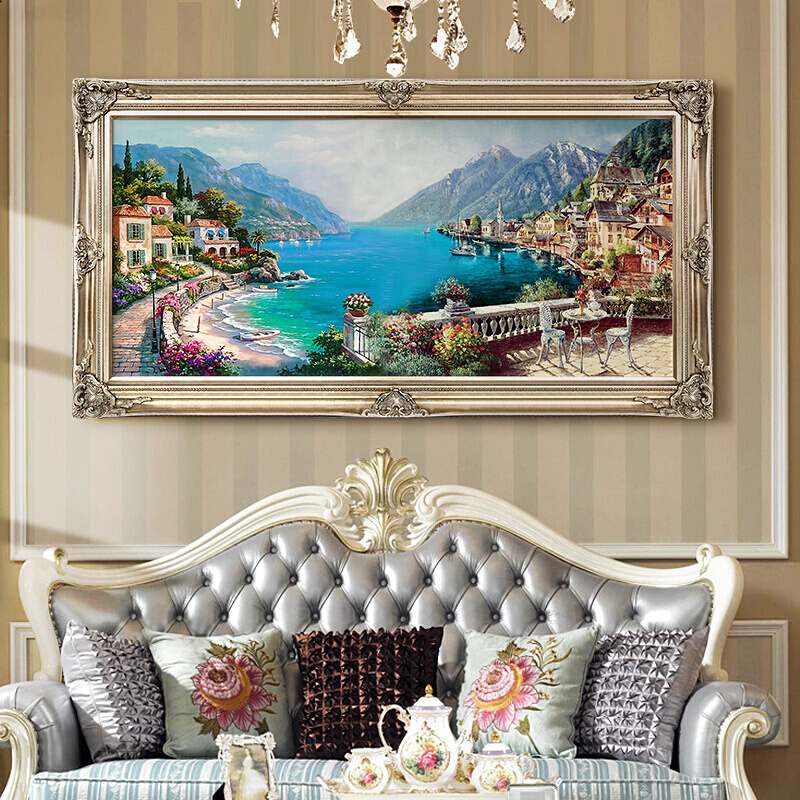 高档欧式客厅手绘油画地中海风景餐厅挂画山水壁画沙发背景墙画装