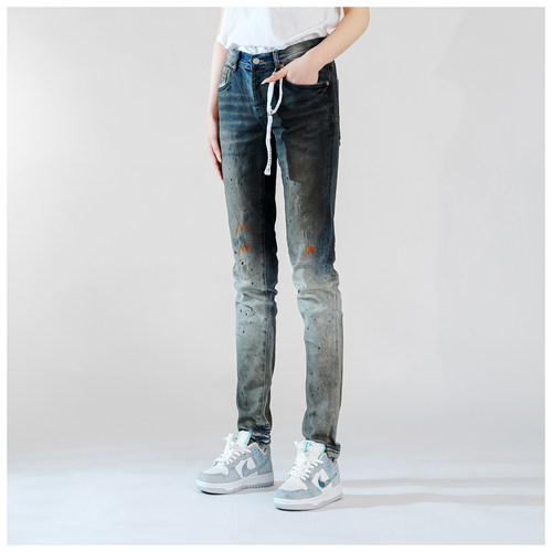 PUR jeans牛仔裤男修身显瘦欧美式高街泼墨晕染款潮牌修身小脚裤 - 图0