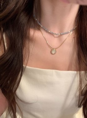 配饰高级坠蓝色叠戴天然奢小众串珠石女法式感轻锁骨链项链双层吊