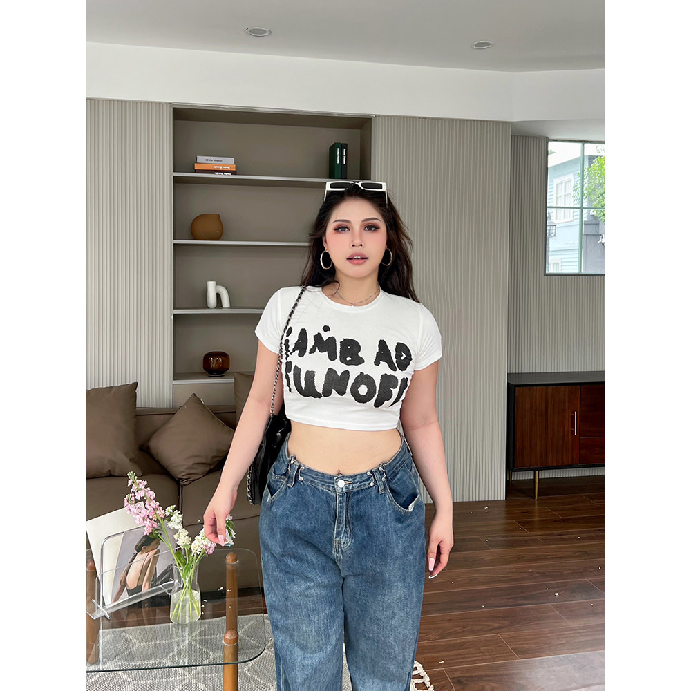 CDSOUL 魔豆姐姐 微胖大码辣妹短款上衣女夏美式字母印花正肩t恤