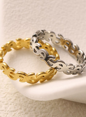 钛钢戒指女不掉色招财钱币金币S字母符号尾戒闺蜜食情侣对戒指