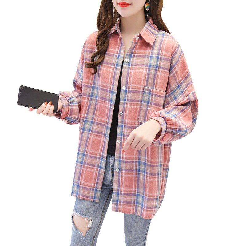 韩版宽松300斤大码bf风防晒复古休闲格子春秋长袖衬衫240斤上衣女,淘宝优惠券,粉丝福利购,淘宝优惠卷