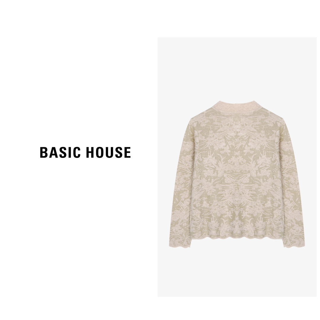Basic House/百家好新中式旗袍领针织衫2024春季镂空提花国风上衣-图0