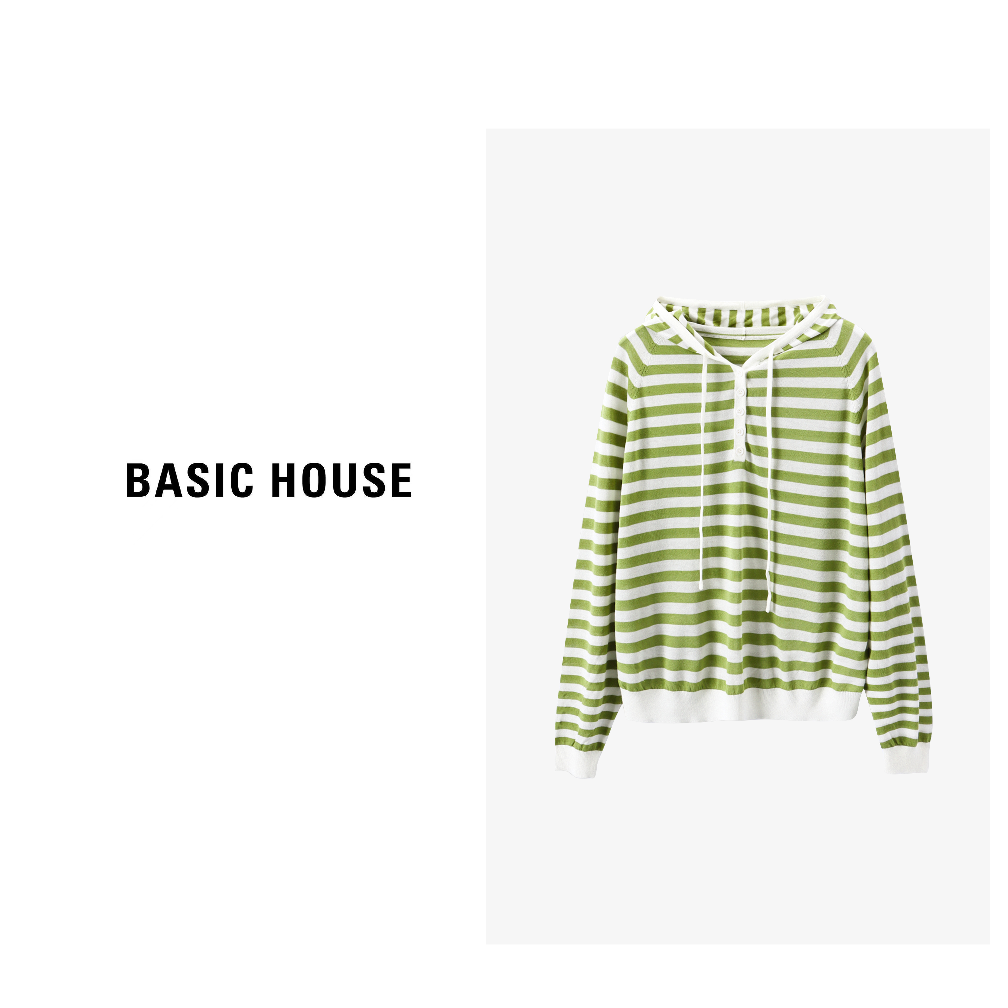 Basic House/百家好条纹连帽针织衫春季休闲撞色长袖套头上衣 - 图1