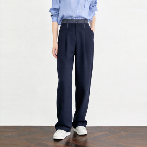 Basic House/百家好藏青色宽松直筒西装裤女春季新款通勤休闲裤子 - 图1