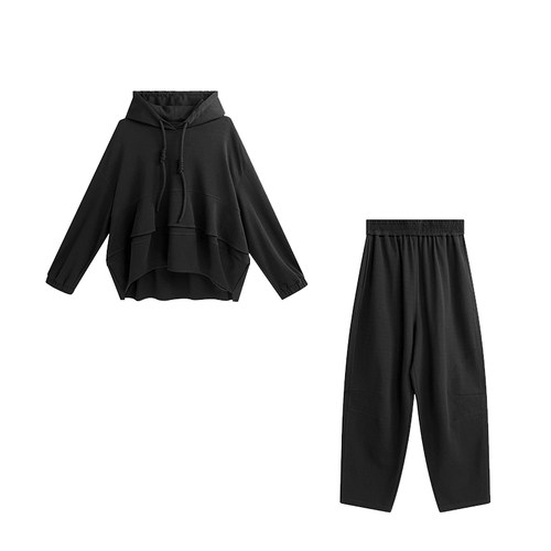 Basic House/百家好拼接连帽套头上衣束脚运动裤夏秋新款二件套装 - 图0