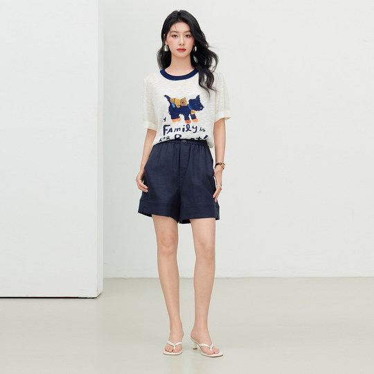 Basic House/Baijiahao contrasting color round neck puppy short-sleeved sweater summer new casual short top