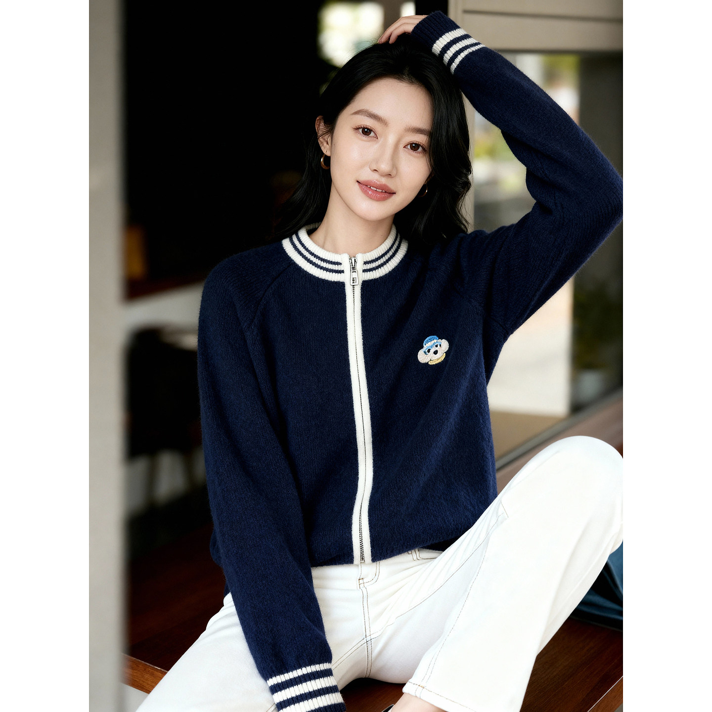 Basic House/百家好休闲棒球服外套女25秋冬刺绣撞色拉链开衫毛衣