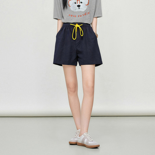 Basic House/百家好莱赛尔撞色抽绳短裤女夏季流行亚麻收腰阔腿裤 - 图1