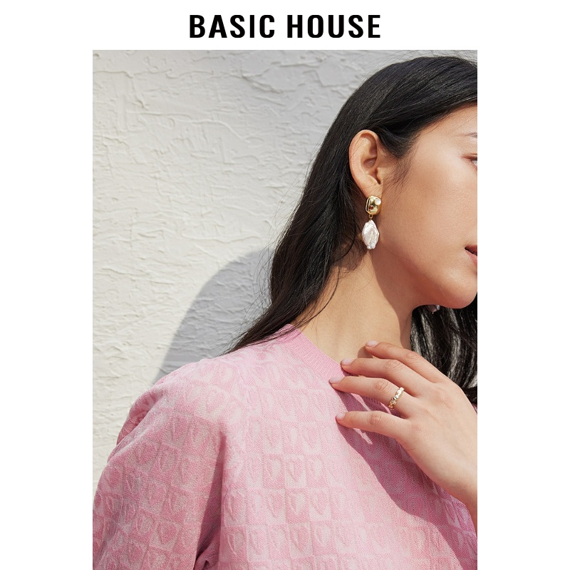 Basic House/百家好爱心圆领短袖针织衫女2024春季设计感套头上衣 - 图1