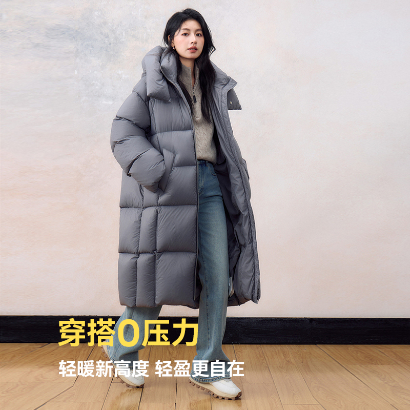 Basic House/百家好韩版立领羽绒服女中长款连帽双拉链白鸭绒外套 - 图2