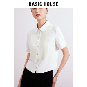 Basic House/百家好精致短袖衬衫2024春季新款高端白色雪纺衬衫女