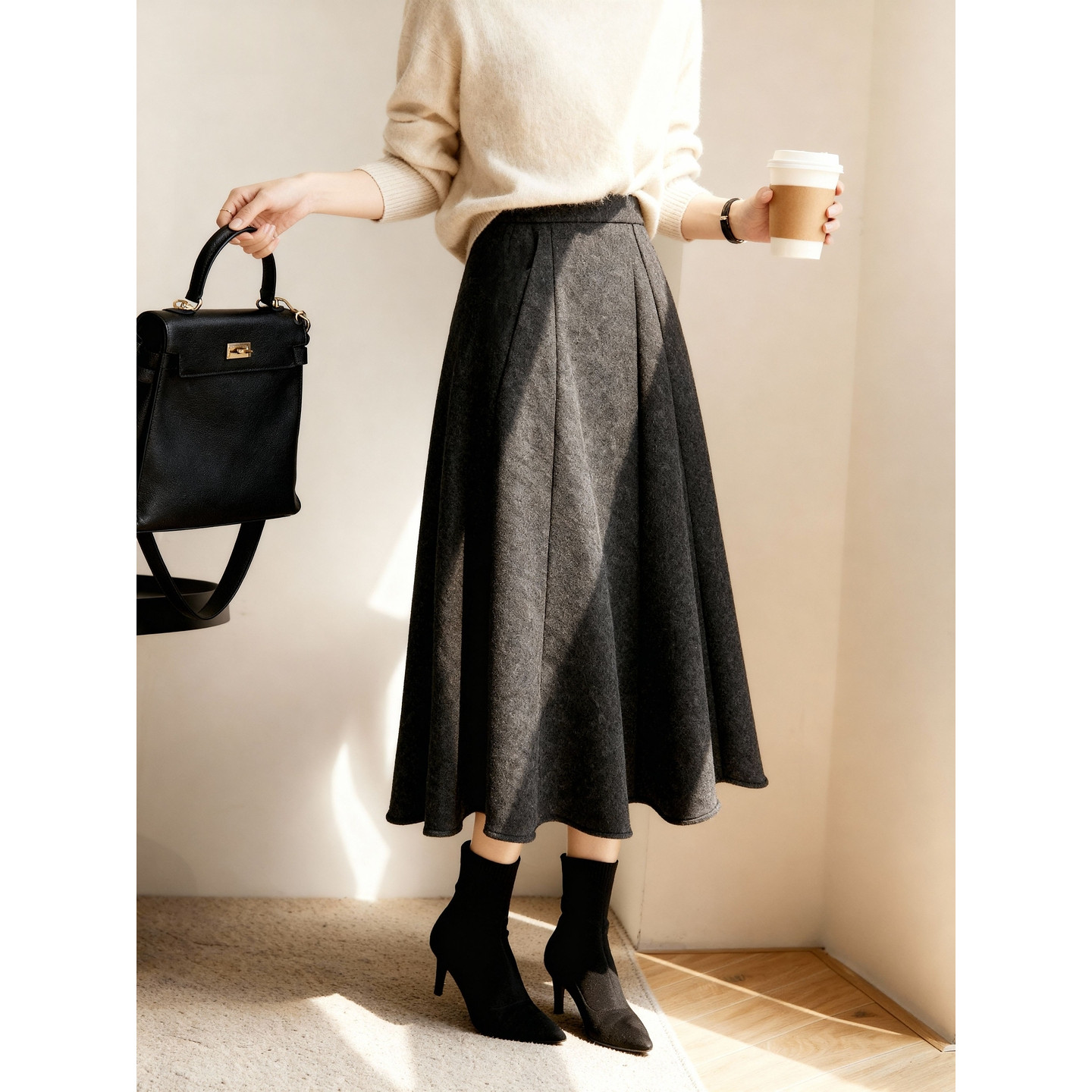 Basic House/百家好毛呢半身裙女款冬季羊毛a字伞裙纯色长款半裙,淘宝优惠券,粉丝福利购,淘宝优惠卷