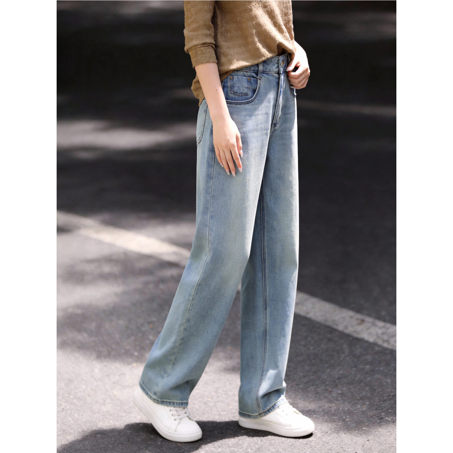 Basic House/百家好基础款高腰直长裤筒春季新款休闲百搭牛仔裤女,淘宝优惠券,粉丝福利购,淘宝优惠卷